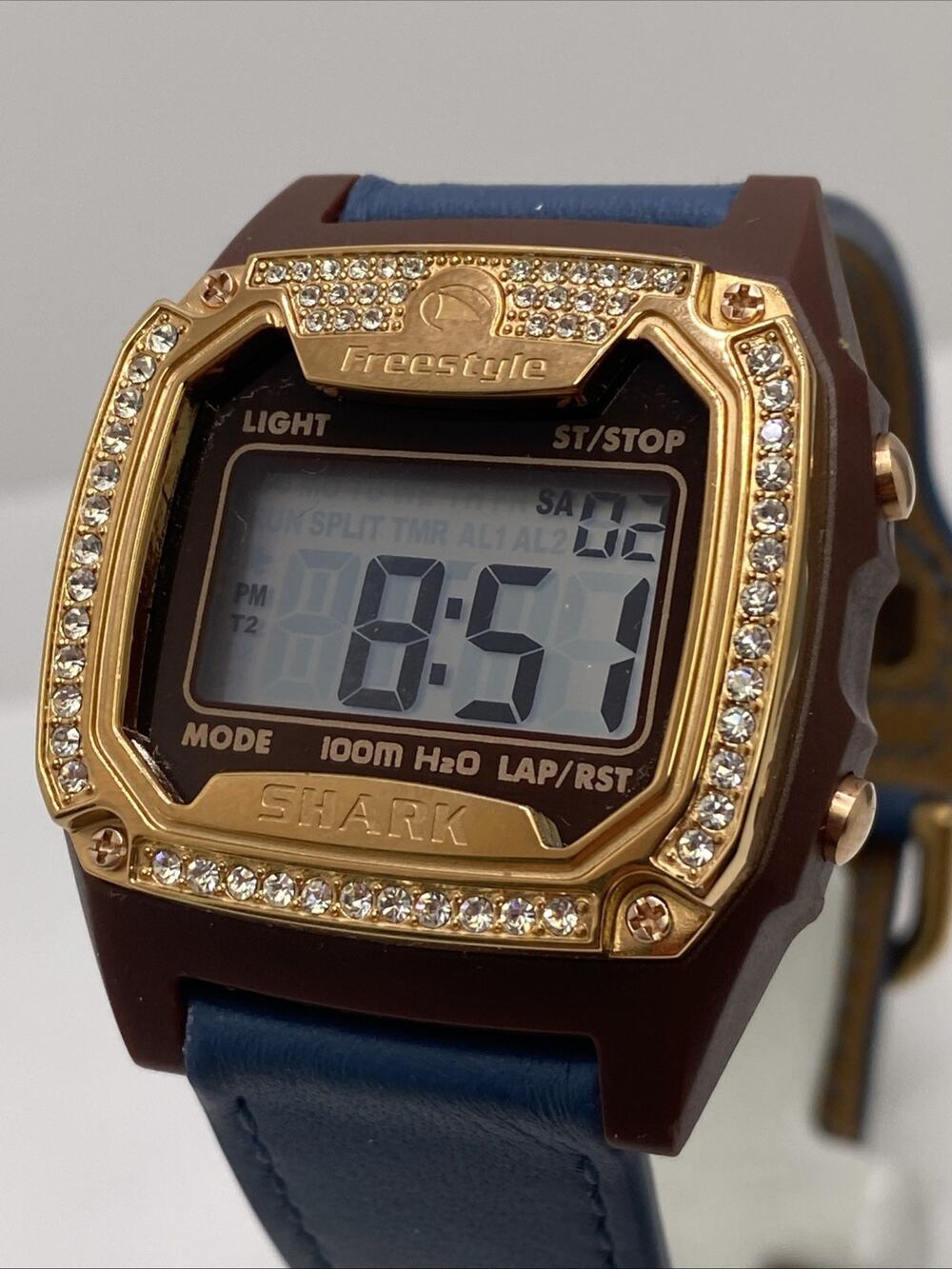 Freestyle Shark Rosegold Rhinestone Blue Leather Band Surfing Watch New Battery